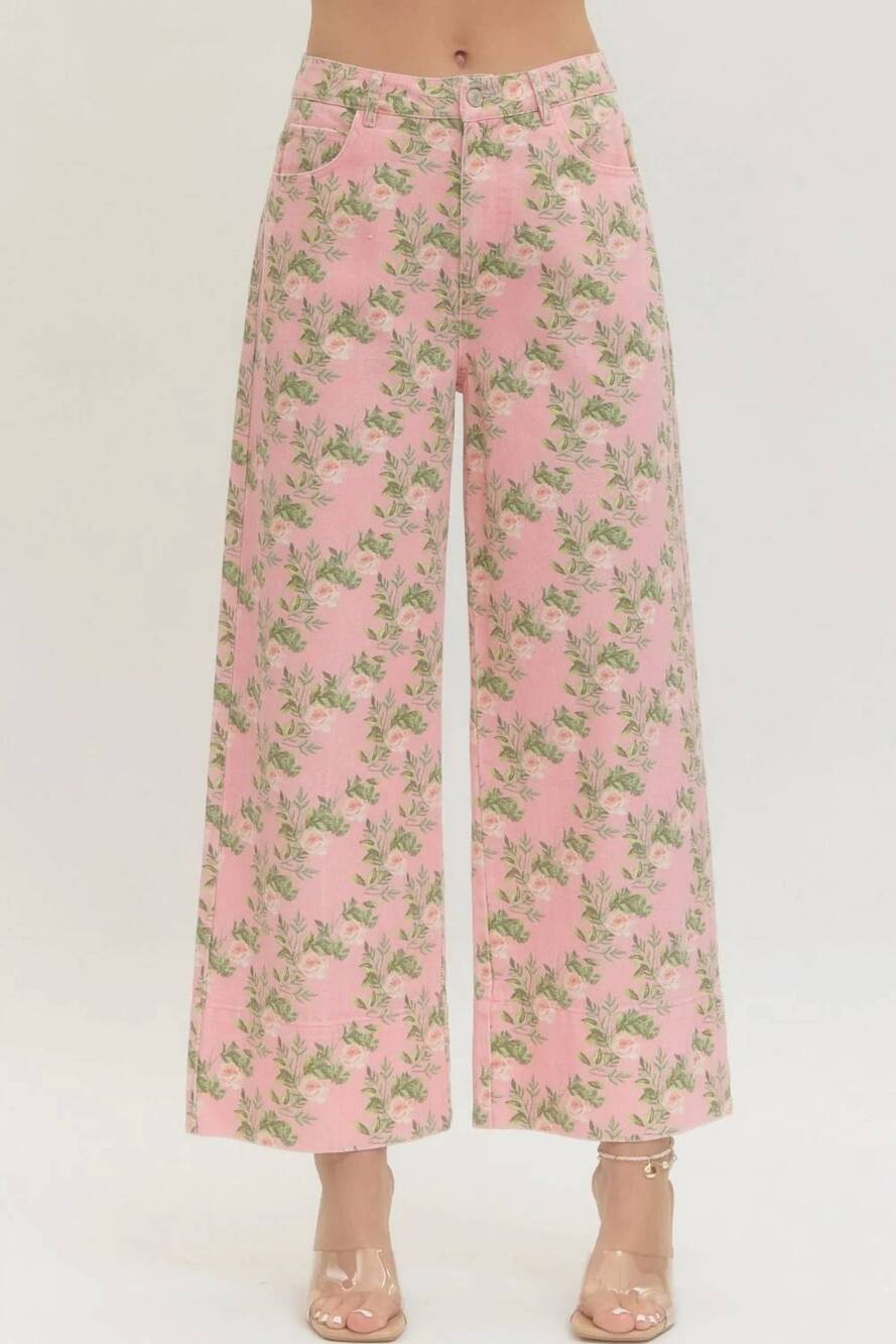 NEW ENTRO floral print wide leg jeans in pink